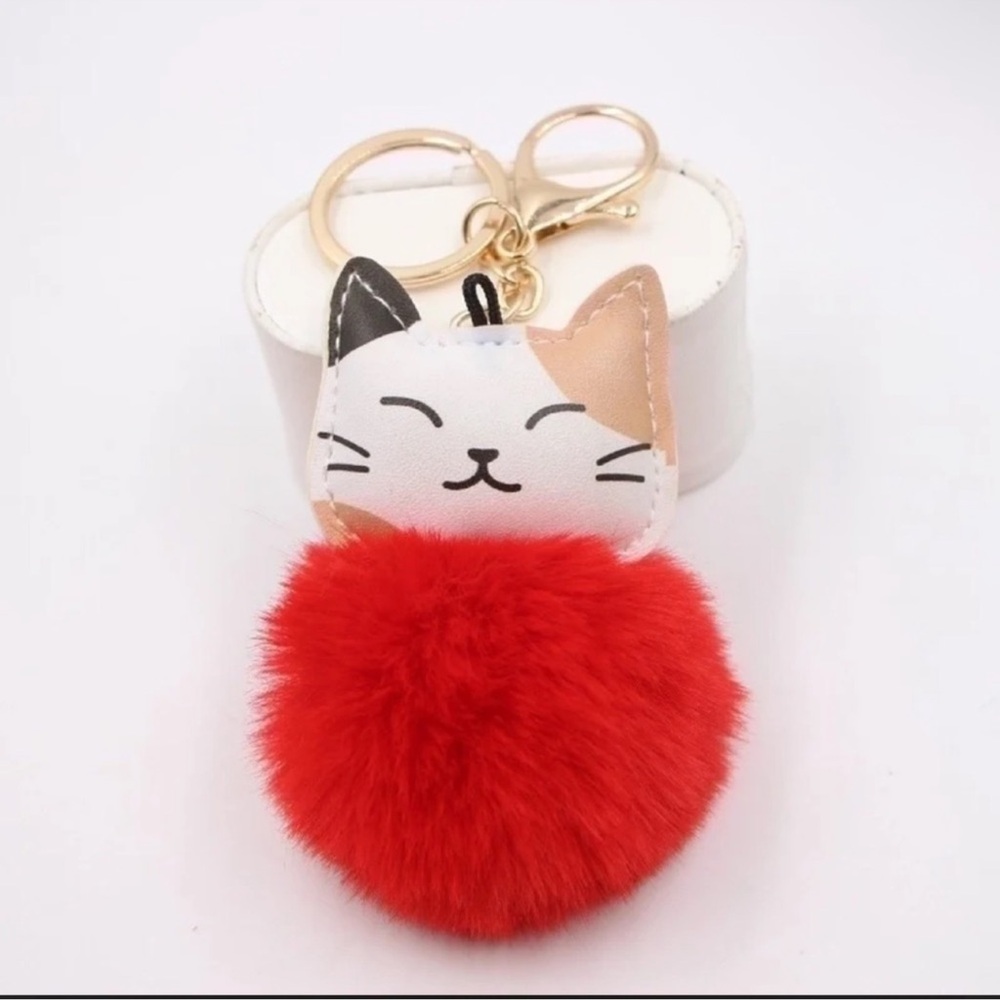 Cute Cat Keychain with Red Fluffy Pom Pom